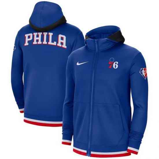 Men Philadelphia 76ers Nike 75th Anniversary Performance Showtime Full Zip Hoodie Jacket  Royal